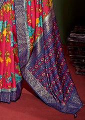 Sari en coton et soie à imprimé floral bordeaux vif