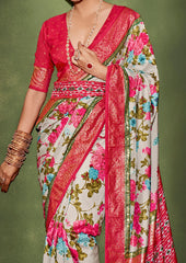 Sari en coton et soie gris à imprimé floral