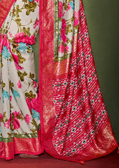 Sari en coton et soie gris à imprimé floral