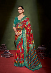 Sari en coton et soie rouge à imprimé floral Cornell