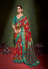 Sari en coton et soie rouge à imprimé floral Cornell