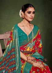 Sari en coton et soie rouge à imprimé floral Cornell