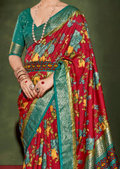 Sari en coton et soie rouge à imprimé floral Cornell