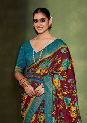 Sari en coton et soie à imprimé floral bordeaux