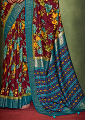 Sari en coton et soie à imprimé floral bordeaux