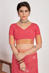 Sari en coton et soie rose carmin à imprimé batik