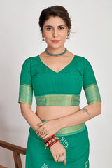 Sari en coton et soie à imprimé batik bleu sarcelle