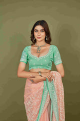 Sari brodé en mousseline de soie pêche