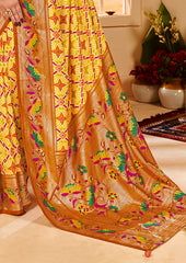 Orange Yellow Cotton Silk Ikkat Print Saree-3843