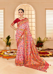 Peachy Pink Cotton Silk Ikkat Print Saree-3845