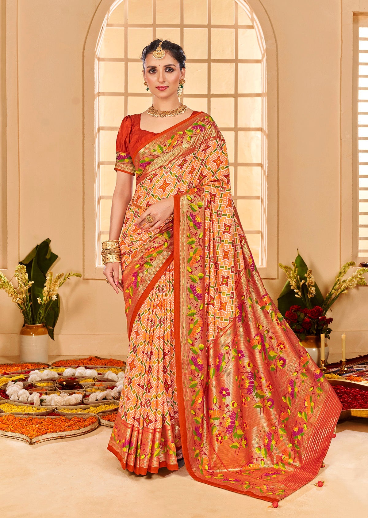 Pastel Orange Cotton Silk Ikkat Print Saree-3847