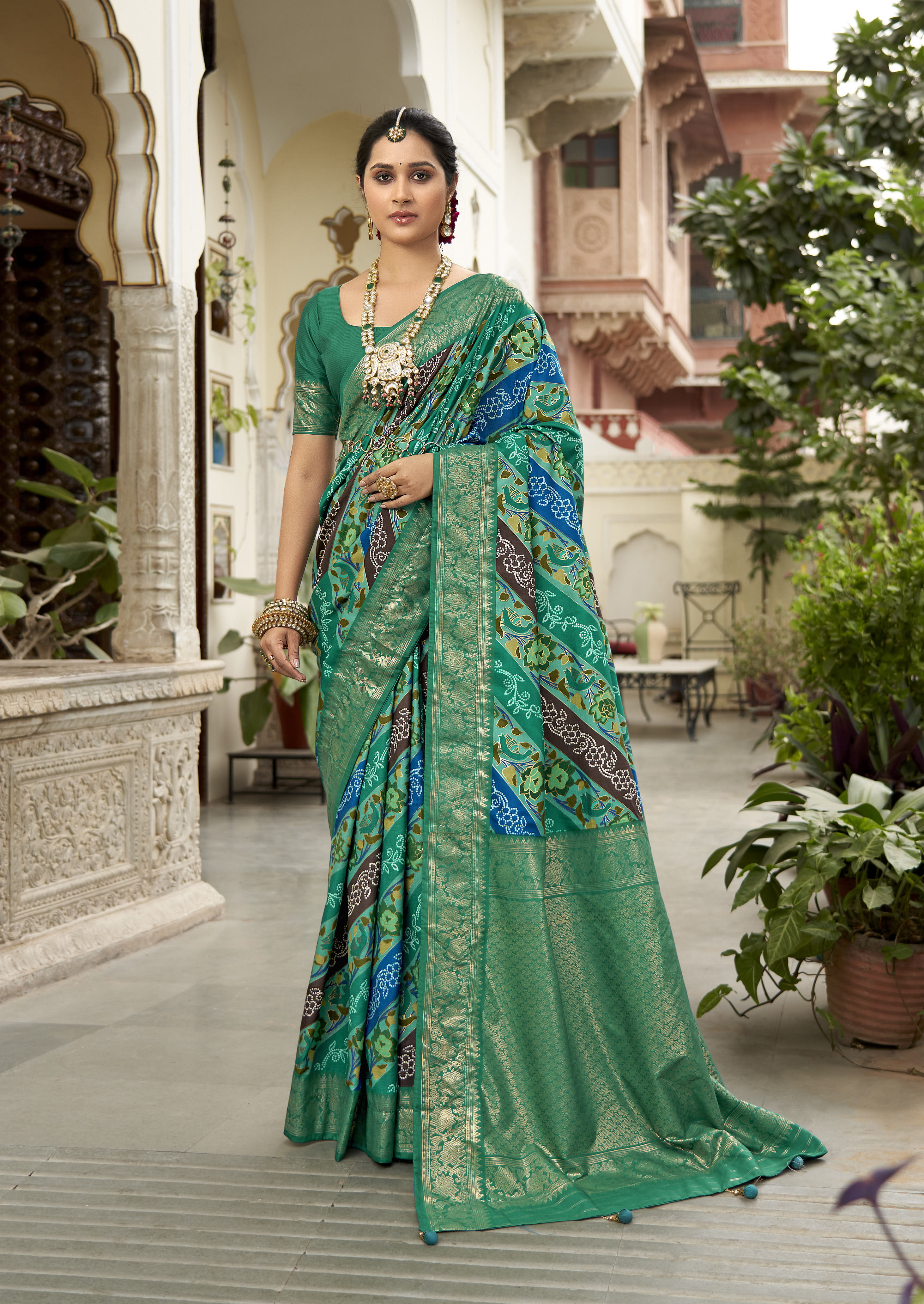 Teal Green Velvet Tussar Silk Floral Print Saree-3865