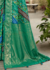 Teal Green Velvet Tussar Silk Floral Print Saree-3865