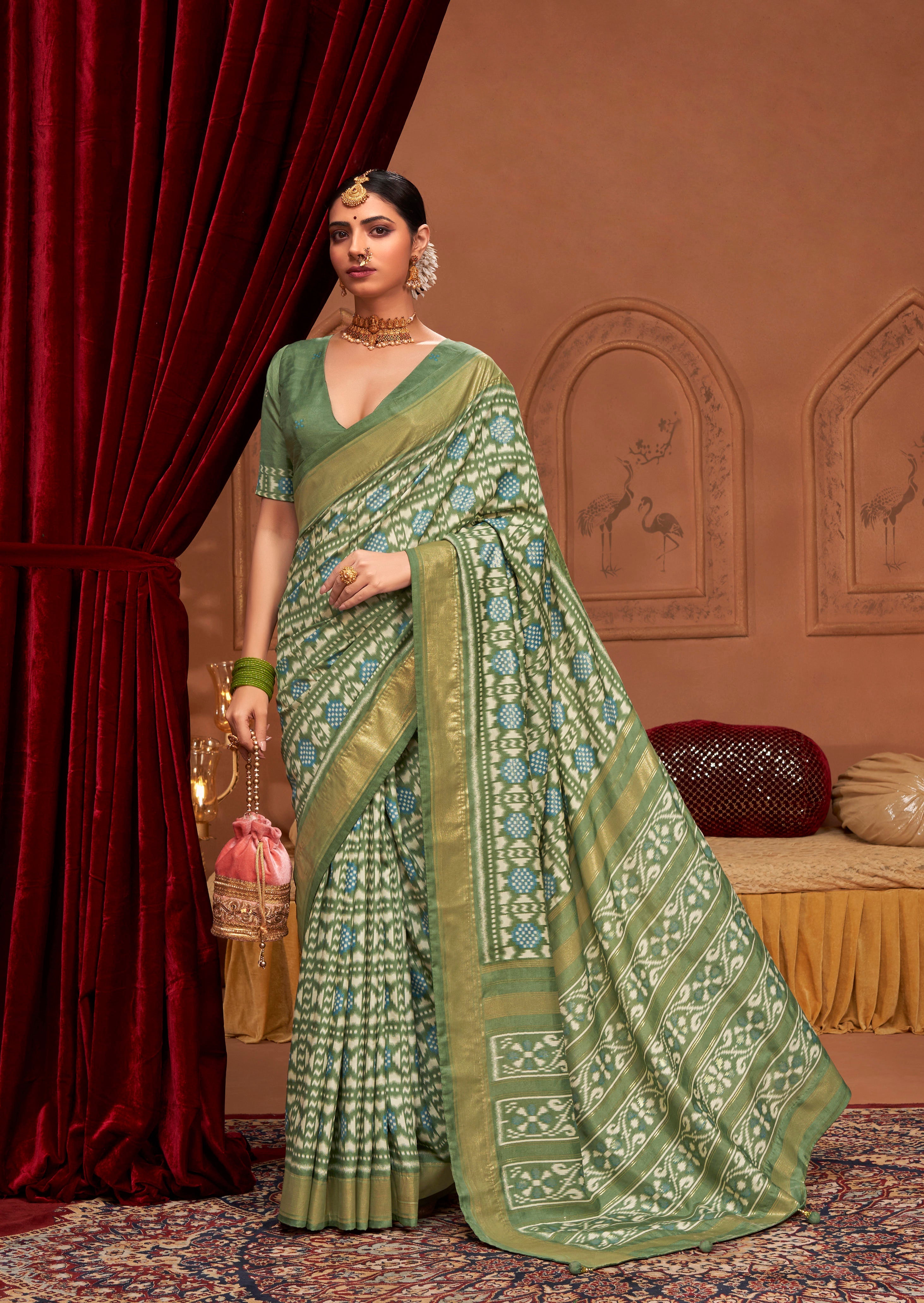 Glade Green Ikkat Polka Dot Saree-3901