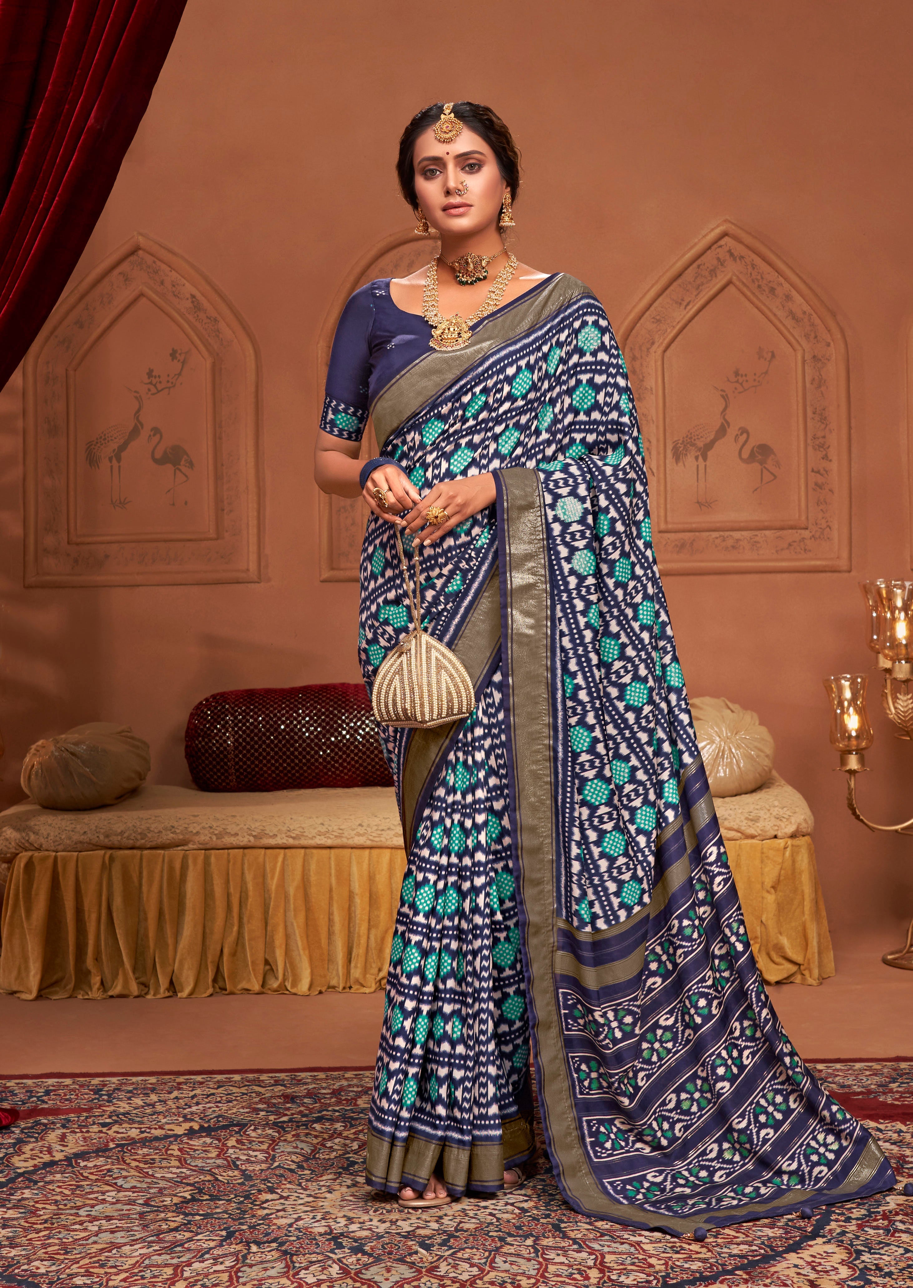Dark Blue Ikkat Polka Dot Saree-3905