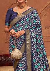 Dark Blue Ikkat Polka Dot Saree-3905