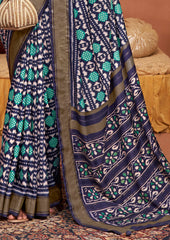 Dark Blue Ikkat Polka Dot Saree-3905