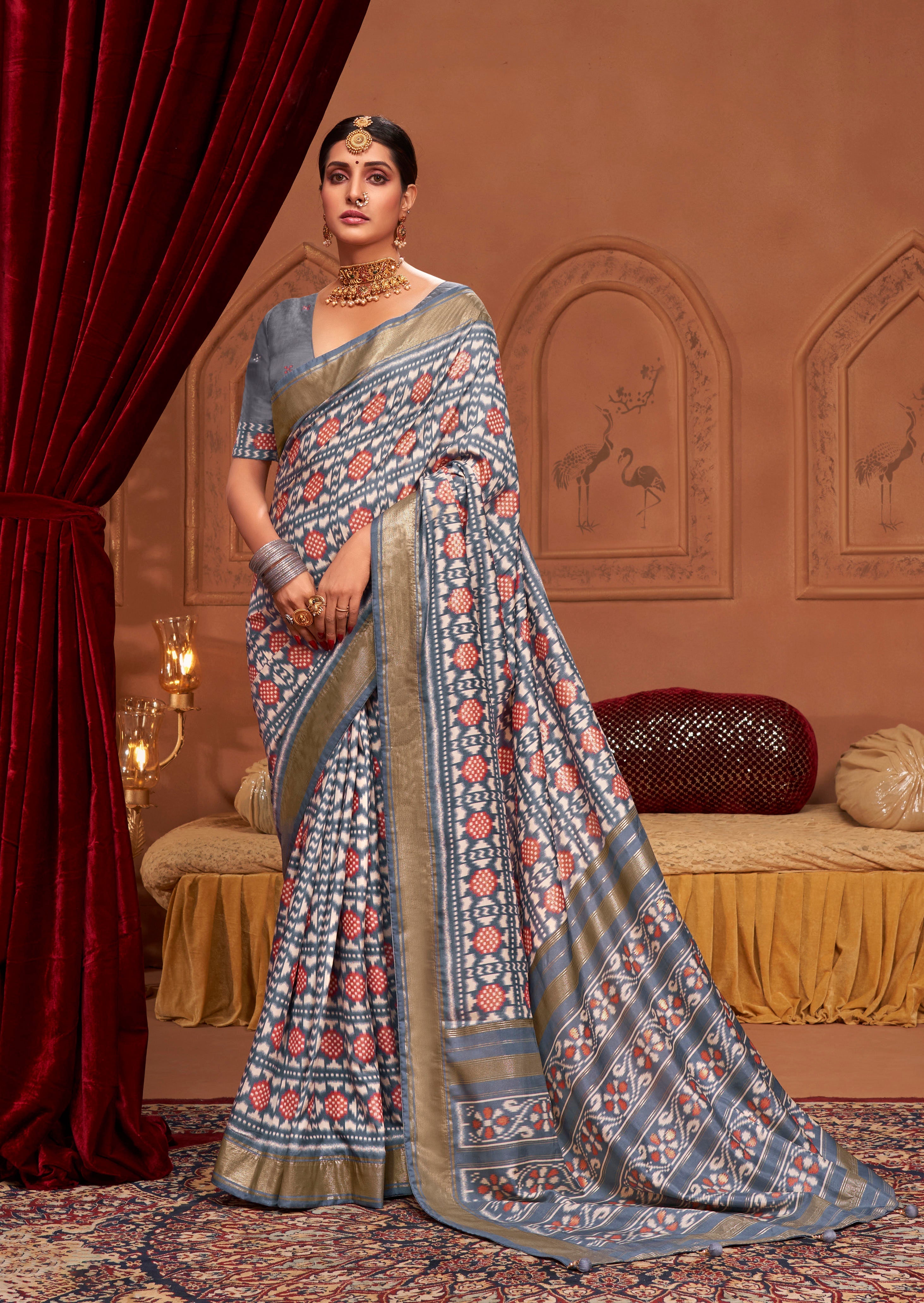 Grey Ikkat Polka Dot  Saree-3906