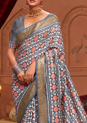 Grey Ikkat Polka Dot  Saree-3906