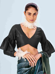 Sari en satin noir à imprimé chevrons