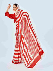 Sari en satin rouge à imprimé chevrons