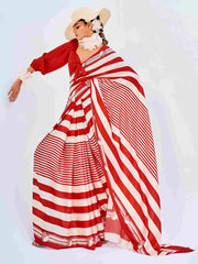 Sari en satin rouge à imprimé chevrons