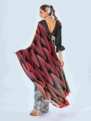 Sari en satin gris à imprimé chevrons