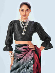 Sari en satin gris à imprimé chevrons