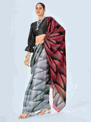 Sari en satin gris à imprimé chevrons