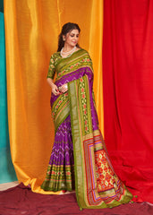 Saree imprimé Patola en soie Tusser en velours violet