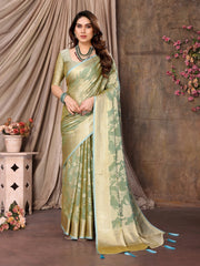 Olive Green Moss Brasso Floral Print Saree
