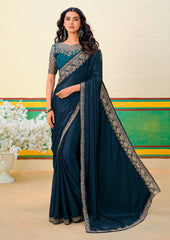 Peacock Blue Georgette Zari Embroidery Saree-4273