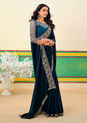 Peacock Blue Georgette Zari Embroidery Saree-4273