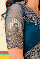 Peacock Blue Georgette Zari Embroidery Saree-4273