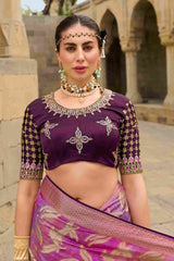 Sari de soirée tissé en jacquard rose