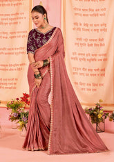 Sari brodé en jacquard satiné orange rouille