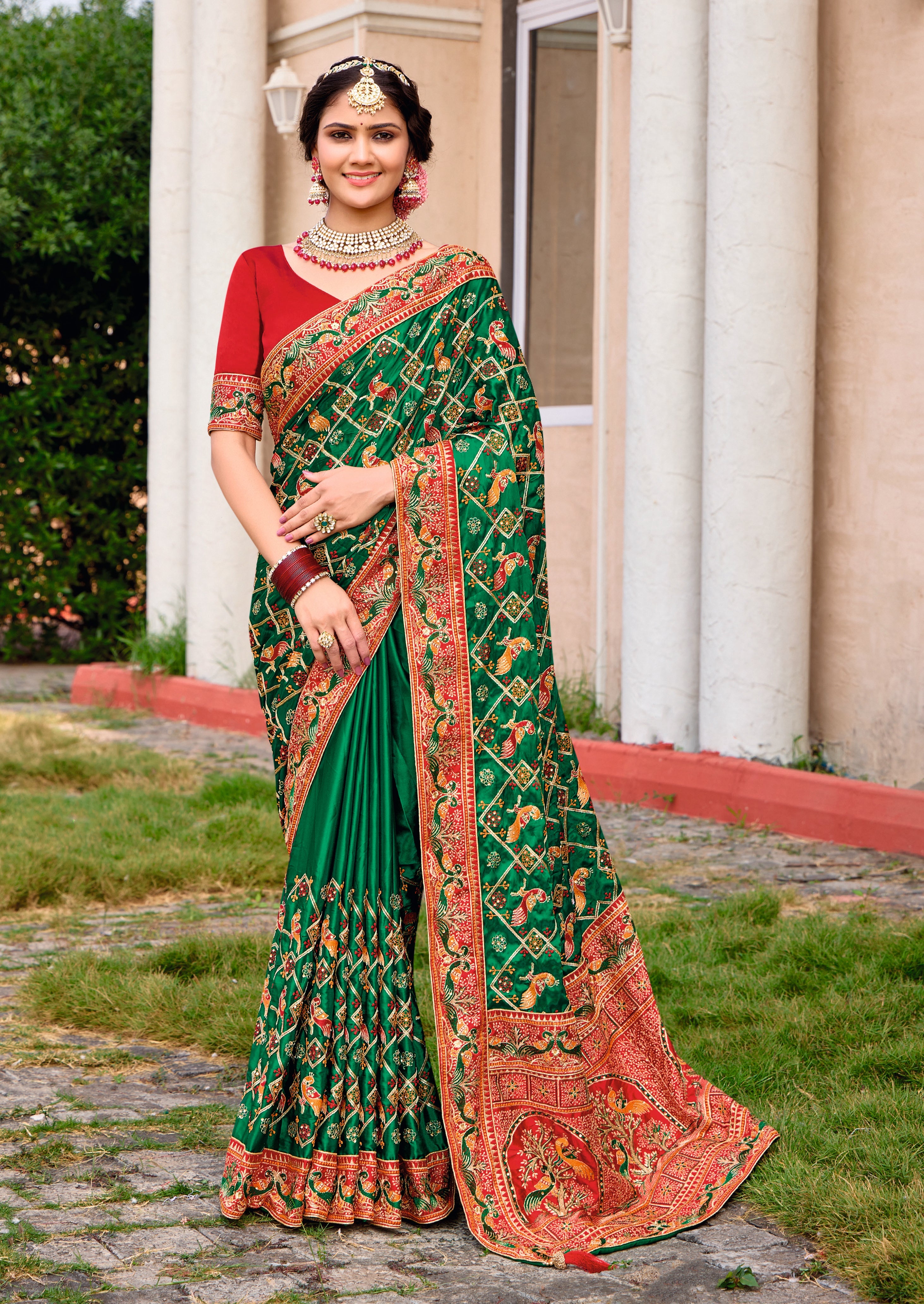 Dark Green Satin Silk Embroidery Saree-4425