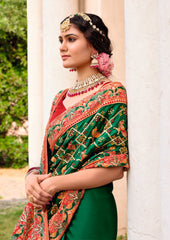 Dark Green Satin Silk Embroidery Saree-4425