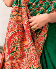 Dark Green Satin Silk Embroidery Saree-4425