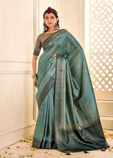 Slate Green Tussar Silk Woven Saree