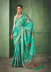 Light Sea Green Tussar Silk Floral Print Saree