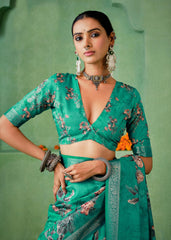 Light Sea Green Tussar Silk Floral Print Saree