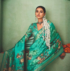 Light Sea Green Tussar Silk Floral Print Saree