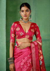 Bright Maroon Tussar Silk Floral Print Saree
