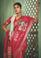 Bright Maroon Tussar Silk Floral Print Saree