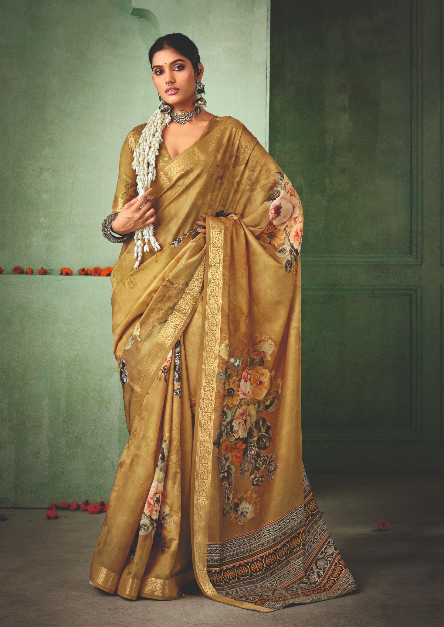 Sandy Brown Tussar Silk Floral Print Saree