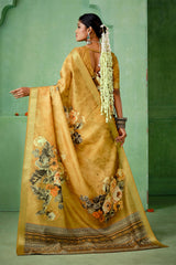 Sandy Brown Tussar Silk Floral Print Saree