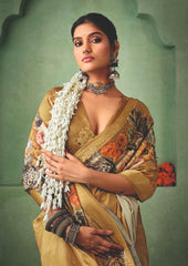 Sandy Brown Tussar Silk Floral Print Saree