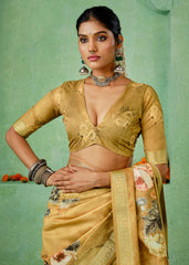 Sandy Brown Tussar Silk Floral Print Saree