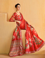 Red Tussar Silk Floral Print Saree
